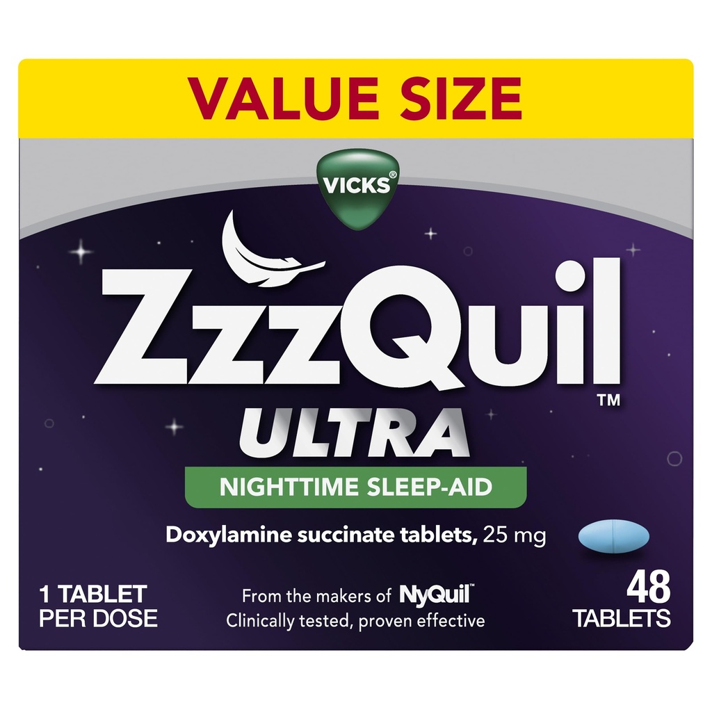 ZzzQuil ULTRA, miega līdzeklis, doksilamīna sukcināts 25 mg, miega līdzeklis pieaugušajiem, nakts miega līdzeklis, 48 tabletes