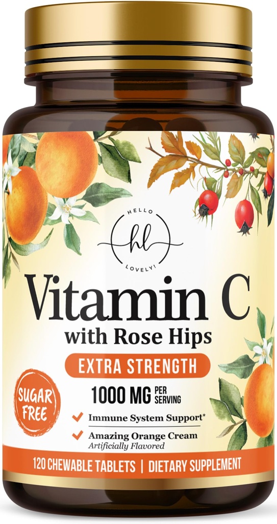 C vitamīna papildinājums 1000mg - Papildus stiprums ar Rose Hips Bioflavonoids - bez cukura C vitamīna košļājamās tabletes, dabas Vit C imūnās aizsardzības un antioksidantu - 120 košļājamās tabletes