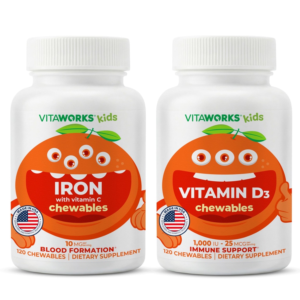 Bērniem Dzelzs 10mg + C vitamīns Košļājamās vielas + D3 vitamīns 1000 SV Košļājamo vielu bariņš