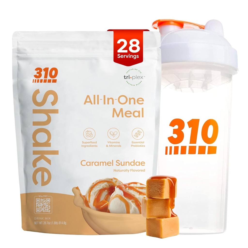 310 Uzturs All-in-one-ēdienreizes nomaiņa Shake Powder w / Shaker Cup Starter Kit - High Protein Fiber Rich Vegan Superfood Blend - bez cukura, Keto & Paleo Friendly, Low Carb - Karamel Sundae 28 srv