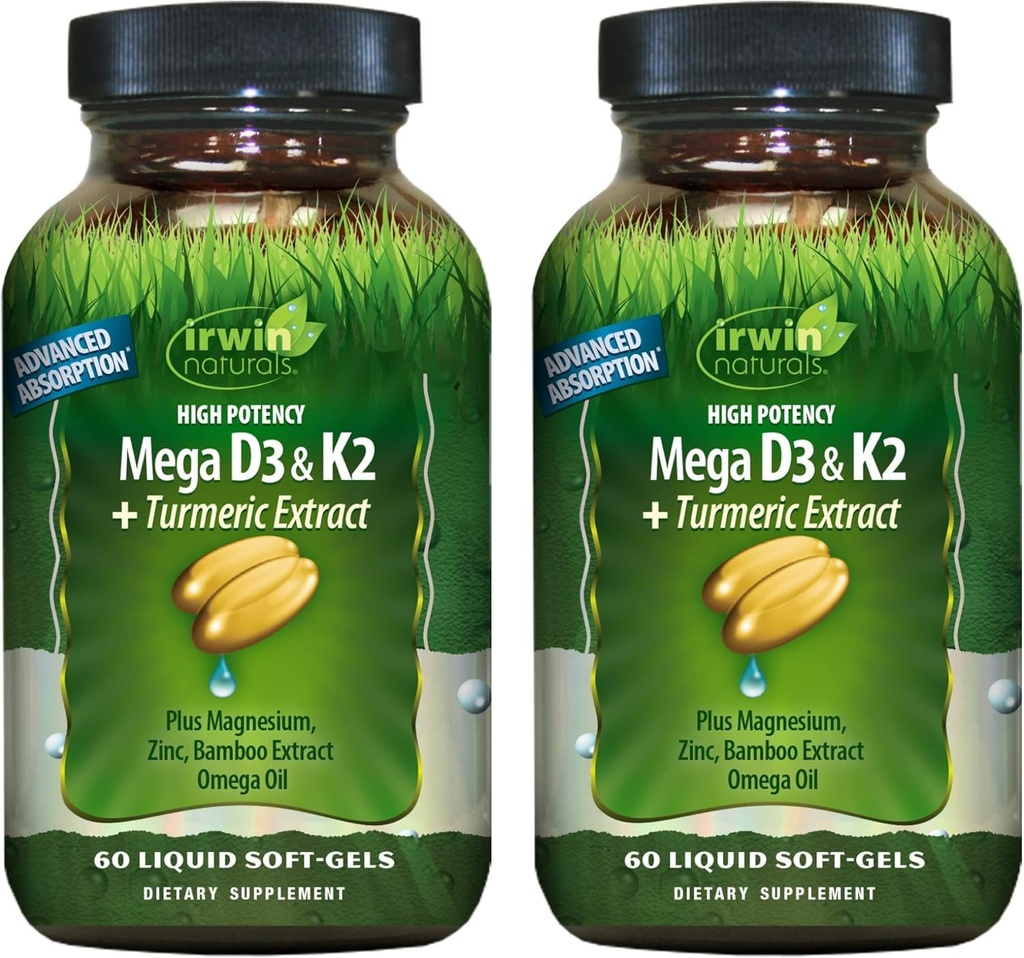 Irwin Naturals High potencie Mega D3 & K2 + Turmeric ekstrakts Veseliem kauliem, Imūnfunkcija & Pozitīvs garastāvoklis - Uzlabota absorbcija ar magniju, kurkuma, bambusa un omega eļļu - 60 Šķidrie softgeli