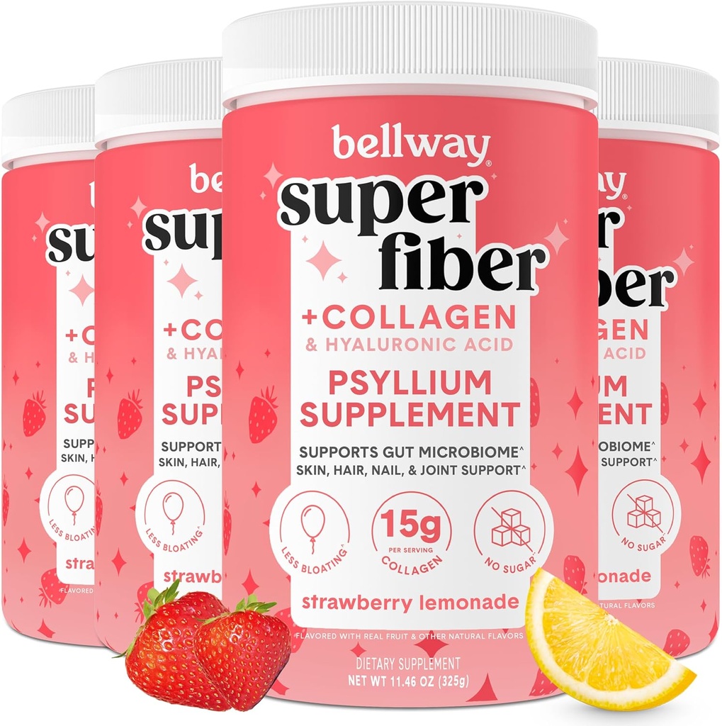 Bellway Super Fiber pulveris + kolagēns (4 iepakojumi), bezcukura Psyllium Husk Pulveris ar kolagēna peptīdiem Gut veselībai, vesela āda, naglas, kauli un locītavas, zemeņu citronāde (45,84 oz)