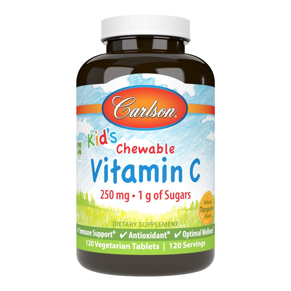 Carlson - Kid's Chewable vitamīns C, 250 mg, 1 g cukuru, imūno atbalstu un optimālu labsajūtu, antioksidants, tanžerīni, 120 Veģetāru tabletes