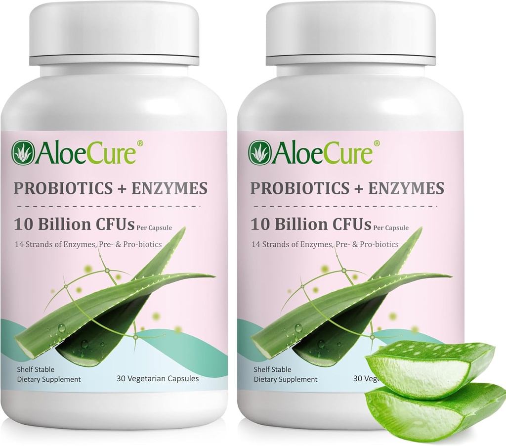 AloeCure Daily Probiotics 10 miljardi KVV gremošanas atbalstam 8 celmi, 6 Prebiotikas un enzīmi - Gremošanas papildinājums ar Bromelain sievietēm un vīriešiem - Gut atbalsts, Gremošanas atvieglojums, 30 Caps x 2btls