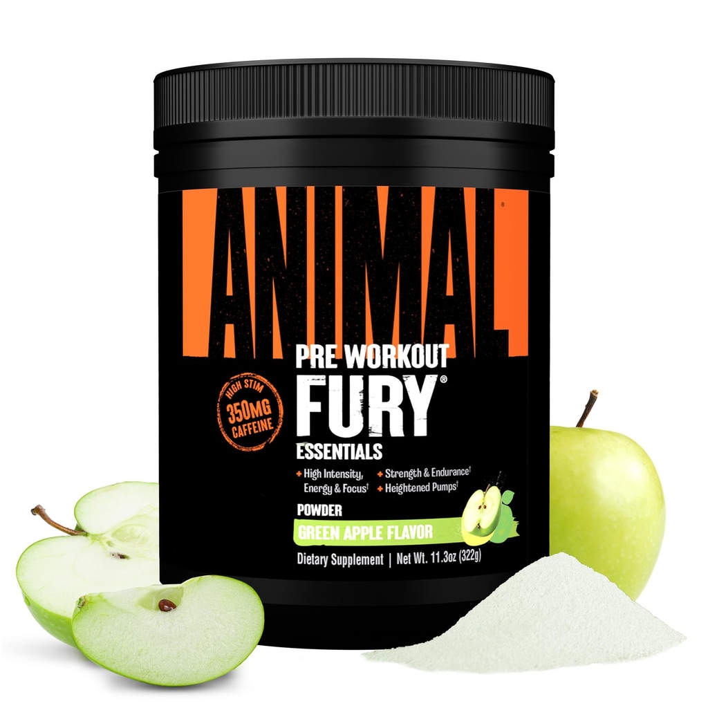 Dzīvnieku Fury Pre Workout Pulveris - Green Apple, 350mg kofeīns, BCAA aminoskābes, 2g Beta Alanine, Citrulline & Tirozīns, Enerģija, Focus, Stiprums, Izturība, Preworkout vīriešiem un sievietēm, 20 Kalpo