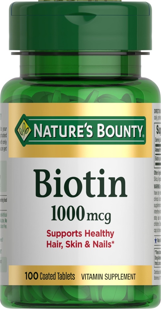 Dabas Bounty Biotin, atbalsta vielmaiņu enerģijas un veselīgu matu, ādas un nagu, 1000 μg, 100 tabletes