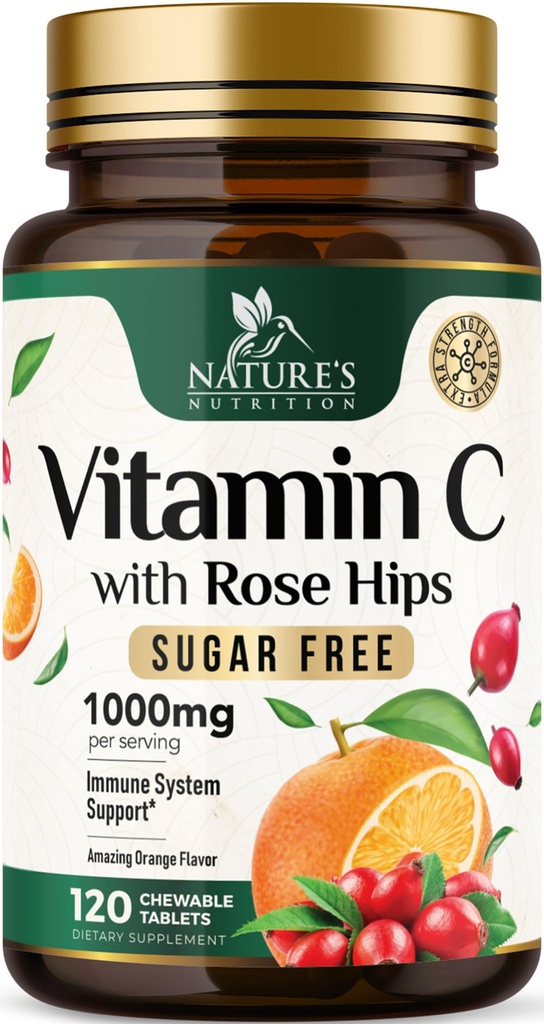 C vitamīns Košļājamais 1000mg - Papildus spēks Antioksidanti jaudīgu imūno Support w / Vitamīns C & Rose HIPS - Spēcīgs uztura bagātinātājs VIT C Košļājamie dzērieni Papildinājums, Dabīgs apelsīnu Flavor, Vegan, Non-GMO - 120 tabletes