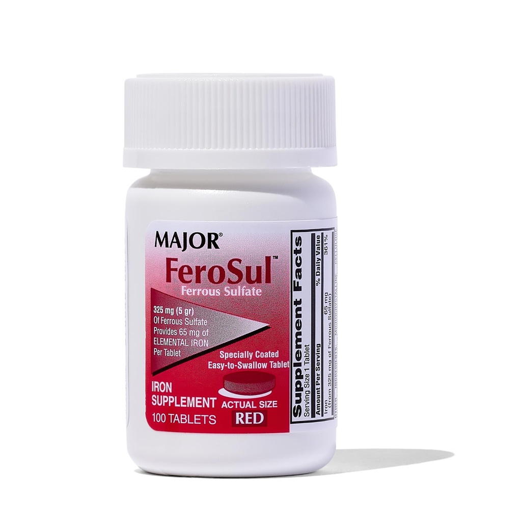Major Ferosul - dzelzs sulfāts 325 mg tabletes ar 65 mg dzelzs-dzelzs piedevas sievietēm, vīriešiem - sarkanas - 100 tabletes - iepakojumā pa 1