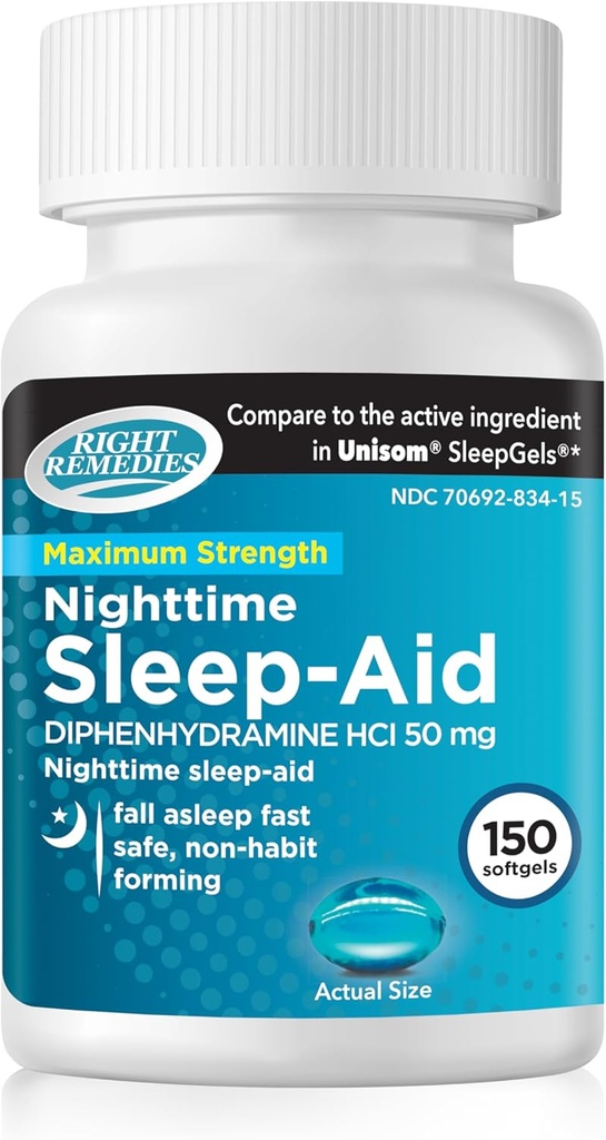 Nakts miega palīglīdzeklis Softgels (150 softgels), Difenhidramīns HCI 50 mg, Fall Asleep Fast, atbalsta dziļāk, Restful Miega