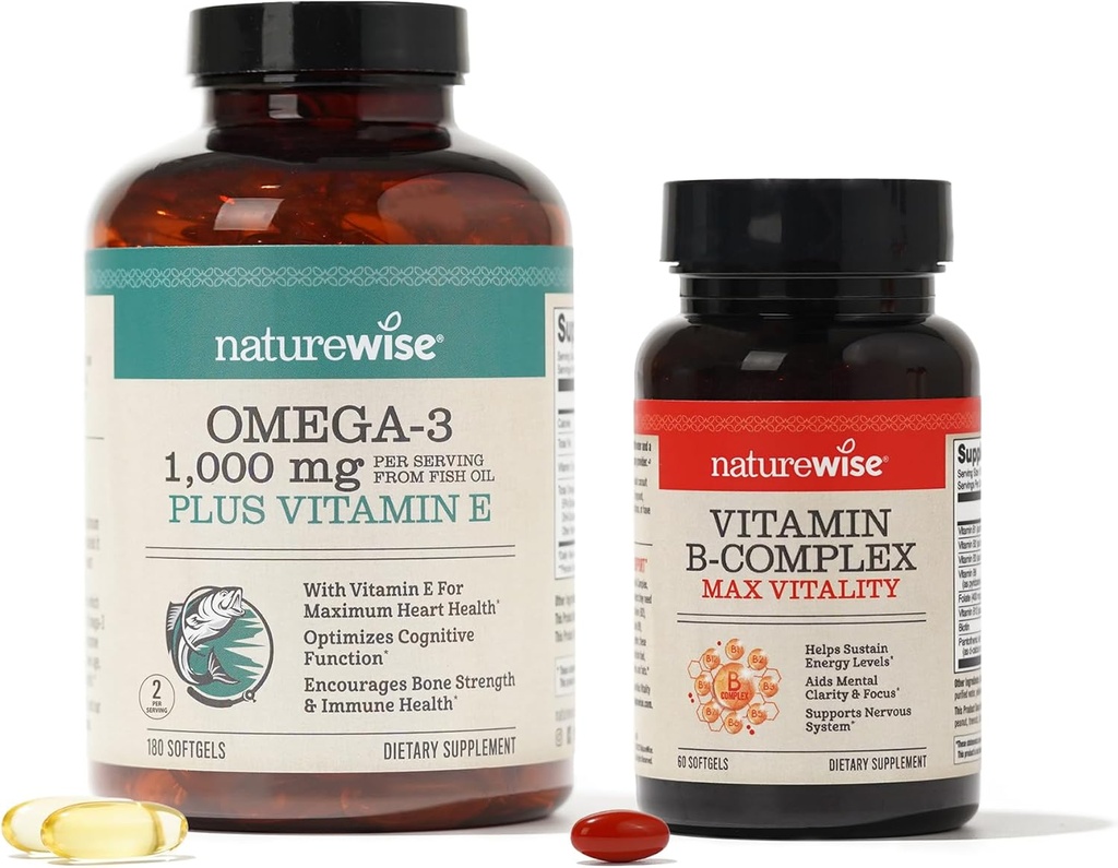 NatureWise 1000mg Omega 3 600mg EPA 400mg DHA ar E vitamīnu 180ct un B vitamīnu kompleksu šūnu enerģijai 60 softgeli[2-mēnesis]