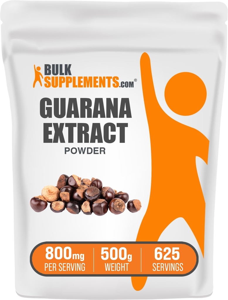 BulkSupplements.com Guarana Extract Powder - Dabīgs kofeīna papildinājums, no Guarana Seed, Guarana Powder - Gluten Free, 800mg per Serving, 500g (1,1 mārciņas) (1. iepakojums)