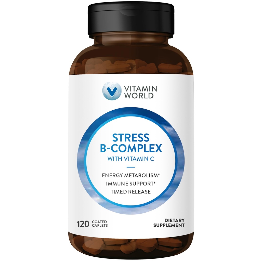 Vitamīnu pasaules stress B vitamīna komplekss ar C vitamīnu, laikietilpīga B6 vitamīns, B12, niacīns, folikuls un biotīns stresa, enerģijas, vielmaiņas un imūnās sistēmas, ne-GMO, 120 Caplets