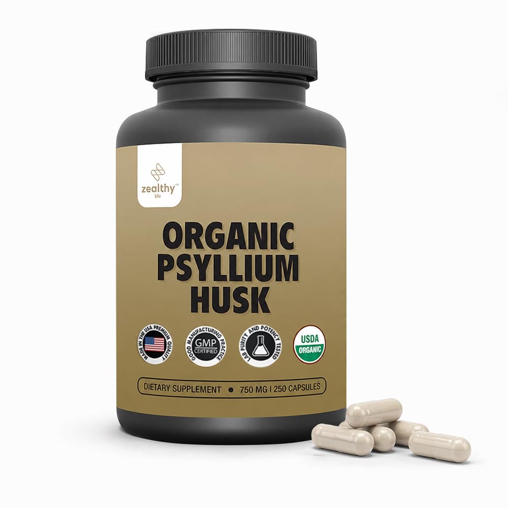 Organic Psyllium Husk Capsules 750 mg, Natural Fiber Papildinājums Gut Health * - alternatīva Psyllium Husk Pulveris, Zealthy Life, 250 kapsulas