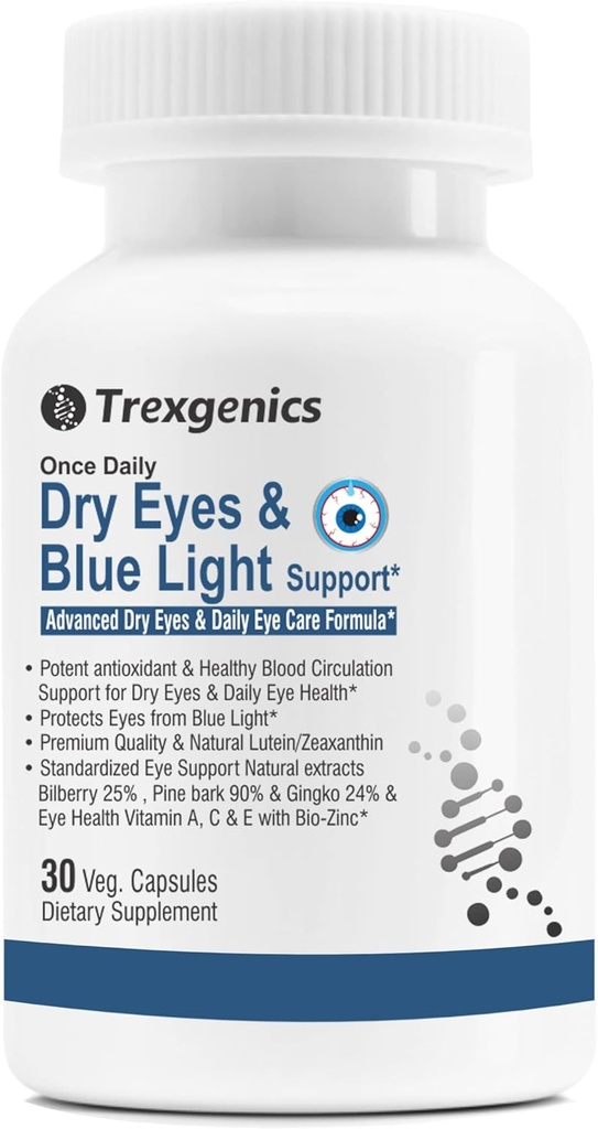 Trexgenics Sausās acis un zilā gaisma Vienreiz dienā Veģetārs Formula ar luteīnu 10mg, Zeaxanthin 2mg, Melleņu, Ginkgo, Pine Bark, vitamīns C, Cinka & vitamīns A (30 Veg kapsulas)