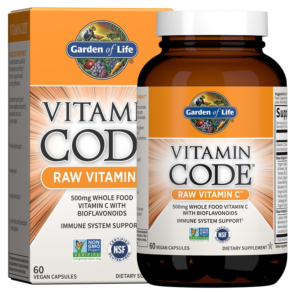 Dzīves dārzs Vitamīnu kods Raw C vitamīns - 60 Kapsulas, 500mg Vesela pārtika C vitamīns Kapsulas + Augļi un dārzeņi Blend & probiotikas, piedevas pieaugušajiem, Vegan, bez lipekļa
