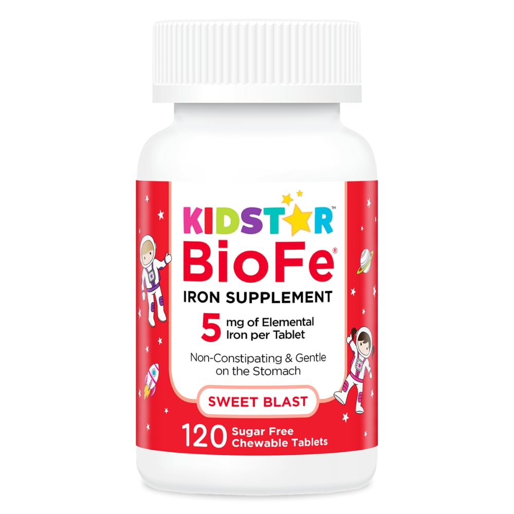 KidStar Nutrients BioFe Tīri dzelzs košļājamās vielas bērniem un pieaugušajiem, saldais domnas, bez cukura, saldināts ar ksilītu, 120 košļājamās tabletes