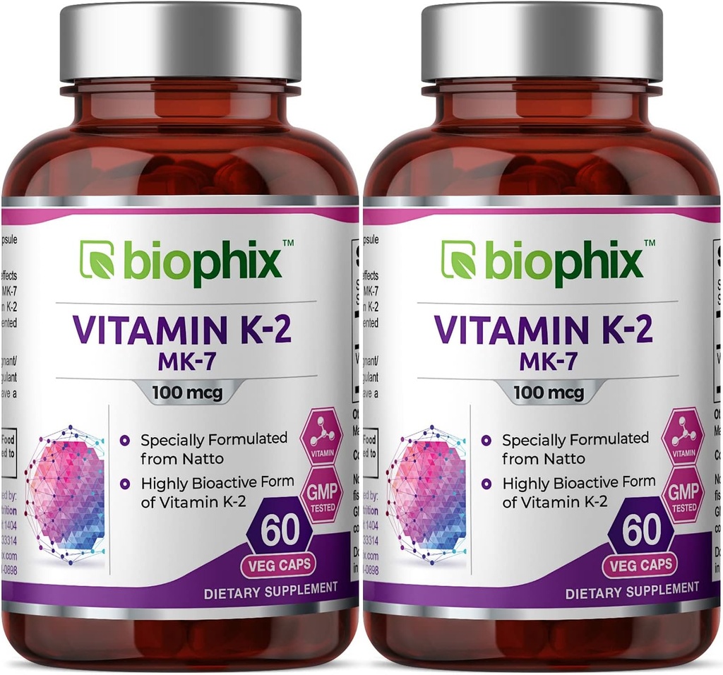 Biophix K2 vitamīns MK-7-100 μg 60 Vkapsulas 2 iepakojumi - atbalsta spēcīgus kaulus Imūnā veselība