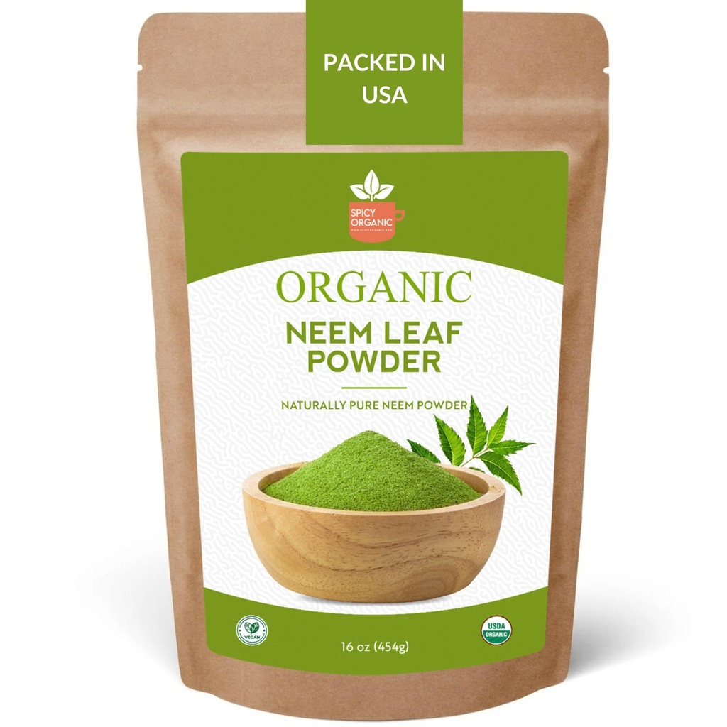 SPICY ORGANIC Neem Pulveris - 16 oz. - Sertificēts USDA Organic -Non-GMO - Svaigi Kaltēts Neem Atstāj pulveris Veseliem matiem un ādai - Azadirachta Indica Ayurvedic Herb vispārējai labsajūtai