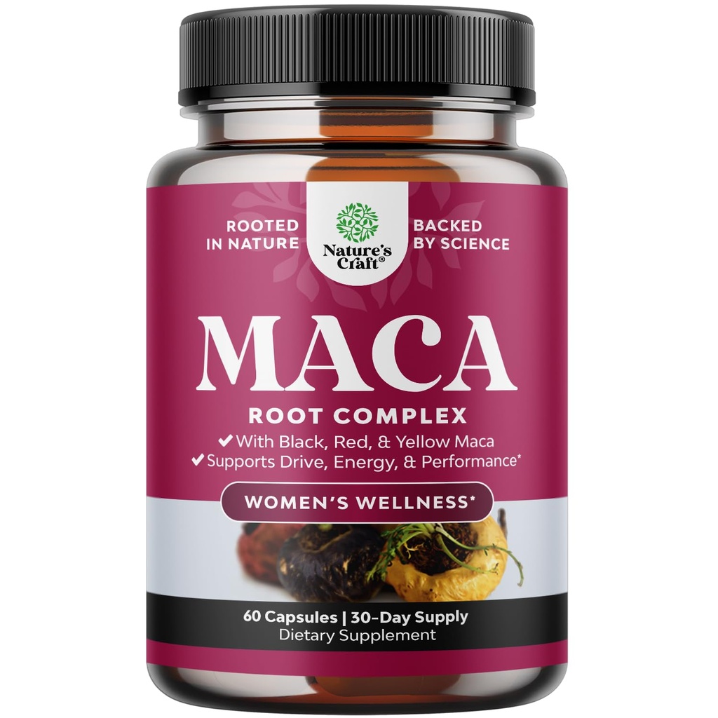 Organic Maca Root Kapsulas sievietēm - spēcīgs augu papildinājums ar sievietēm, uzlabojot Blend of Red Yellow & Black Maca Root - Non-GMO Sertificēts Vegan un lipekļa-free bez mākslīgās krāsas - 60ct