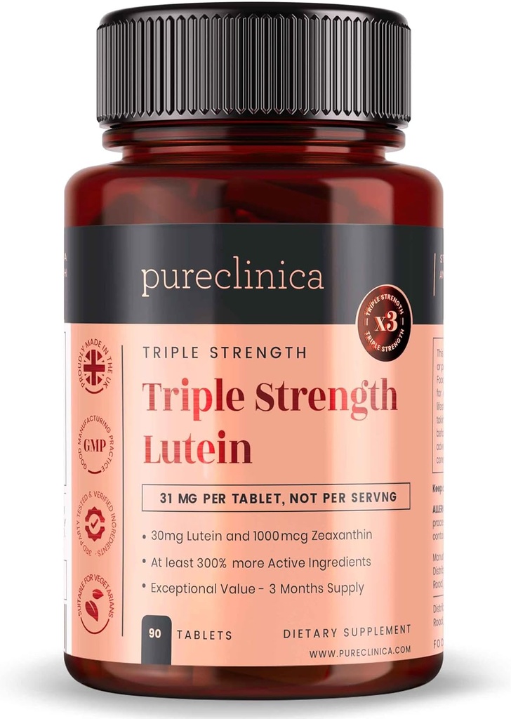 hydeclinica Lutein 30 mg kopā ar Zeaxanthin 1000mcg – Trīskāršā stipruma papildinājums, 90 tabletes (3- mēneša iepakojums)