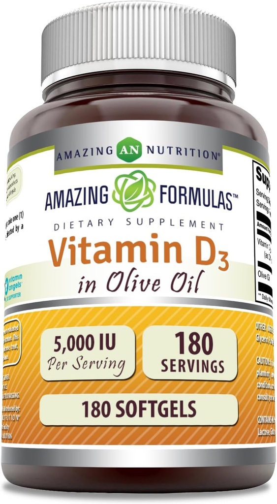 Amazing Formulas D3 vitamīns ar olīveļļu 5000 IU Softgels Papildinājums - Non-GMO ---Luten Free -Ražots ASV (180 skaitlis)