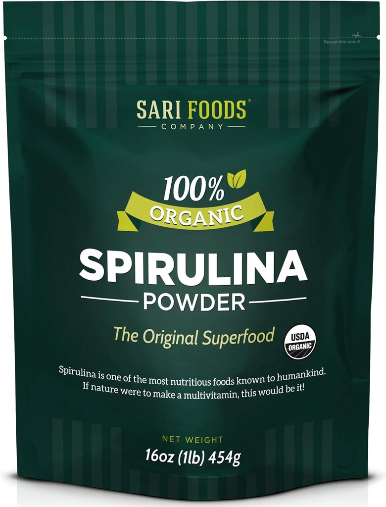 Organiskais Spirulīna pulveris (16. augs): dabiski vegāns, izejmateriāli Folāts, vitamīns B12, dzelzs, omega taukskābes, GLA, beta karotīns, hlorofils, aminoskābes