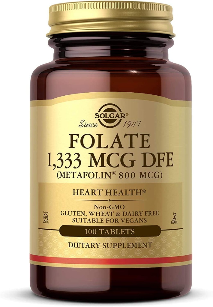 Solgar Folāts 1,333 μg DFE, 100 tabletes - 800 μg Bioaktīvais metafolīns - Sirds veselība - ne-GMO, vegans, bez lipekļa, bez piena, košera - 100 Servisi