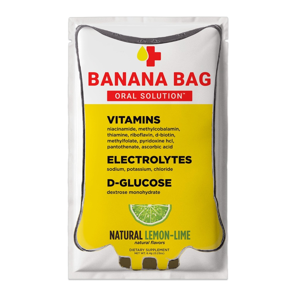 Banana Bag šķīdums iekšķīgai lietošanai Paciņas – Dabīgs citronu laims 15pk -- Atsvaidzinošs Blend of Electrolytes, vitamīns C, un B-komplekss ikdienas hidratācijai un enerģijai -- Ideāls jebkuram dzīves veidam.