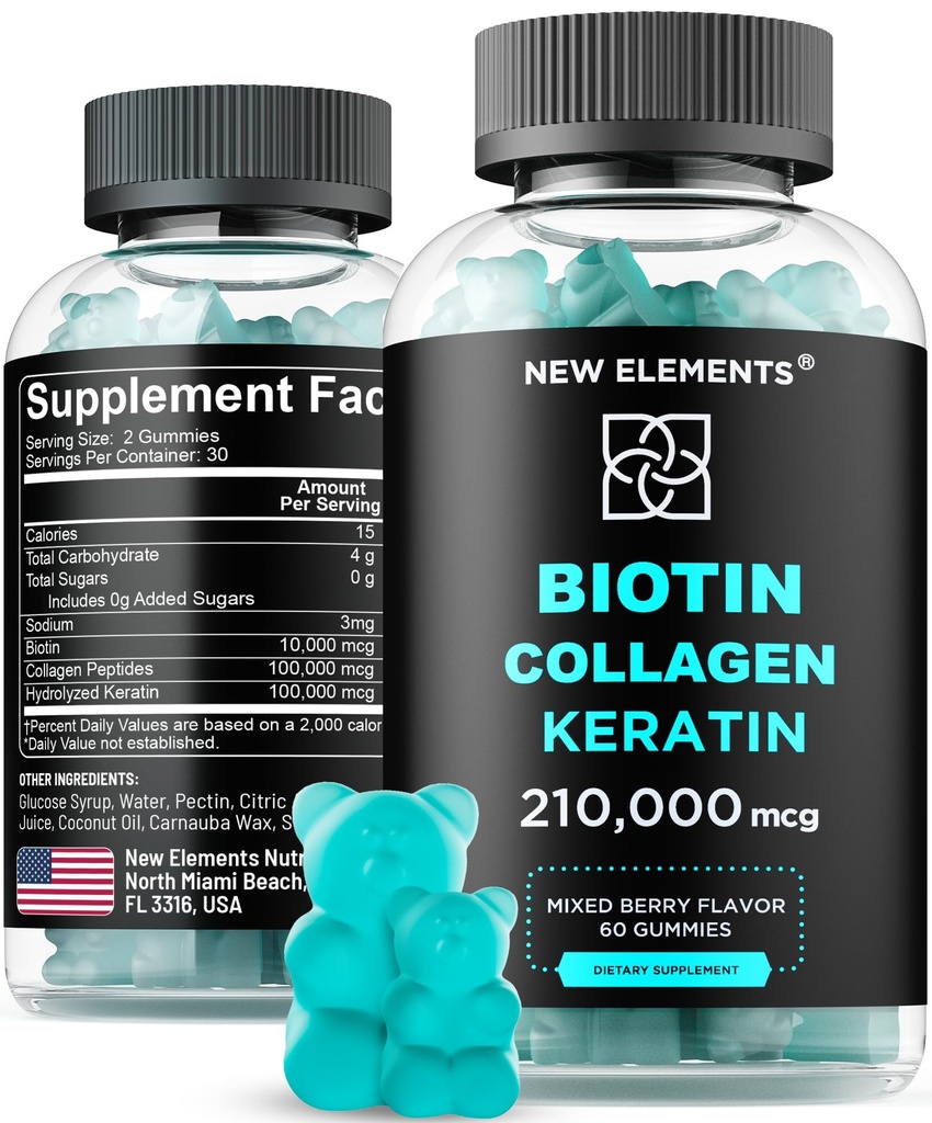 Biotin Gummies ar keratīna un kolagēna peptīdi - Advanced Papildinājums matu augšanas ārstēšanai vīriešiem un sievietēm Matu ādas un nagus Vitamīni – Biotin 10000mcg 