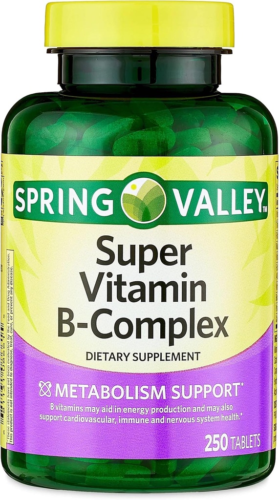Konverģence Spring Valley Super B vitamīna Complex tabletes Diētiskā papildinājums, 250 CountMetabolisms Atbalsts * Diētiskā papildinājums
