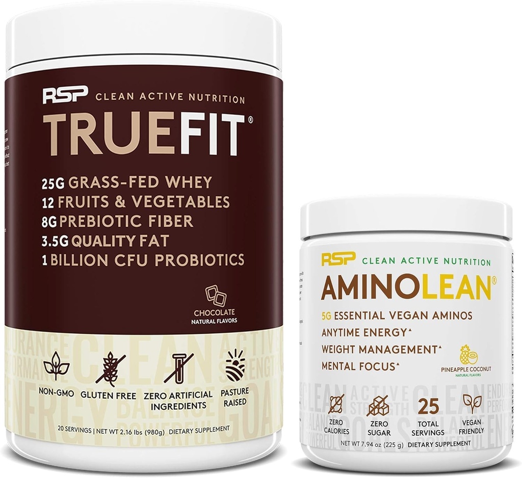 RSP NUTRITION Vegan AminoLean Pre Workout Energy (Pineapple Coconut 25 Servings) ar TrueFit proteīna pulveri (šokolāde 2 LB)
