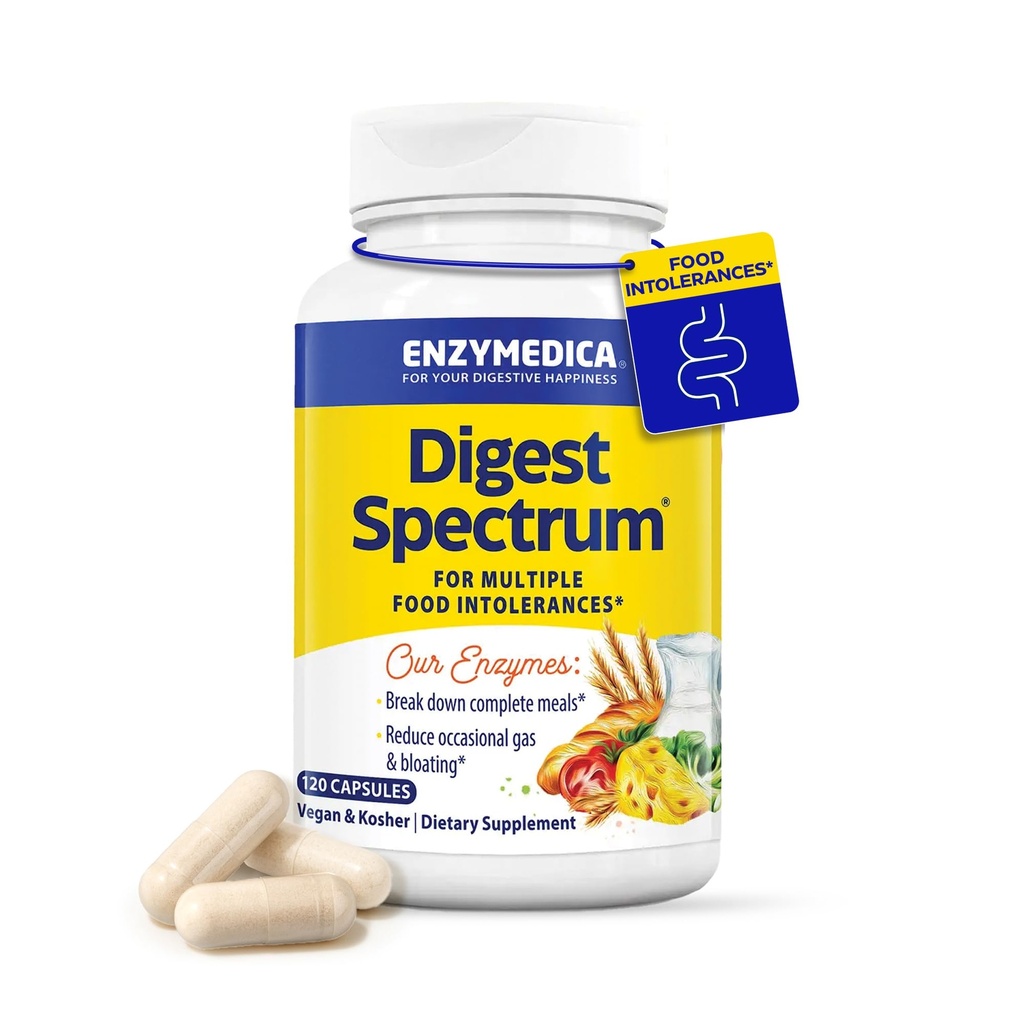 Fermentdika Digest Spectrum, Advanced Gremošanas Fermenti sievietēm un vīriešiem, Atbalsta Gremošanas un Vairāku pārtikas nepanesību, Ātras iedarbības Formula gāzu un uzpūšanās atvieglojums, 120 Kapsulas FFP