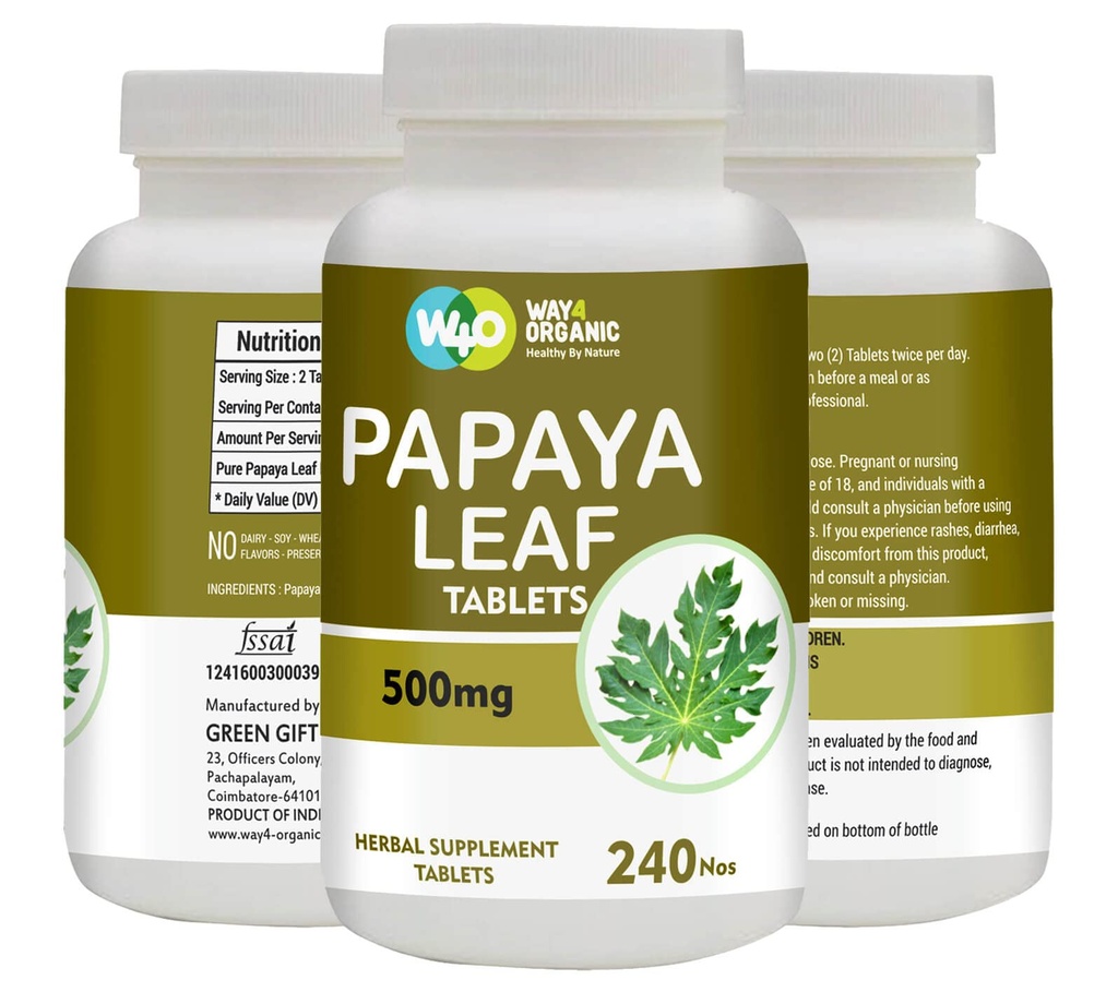 Papaya Leaf ekstrakta kapsulas (tabletes) - 500 mg 240 tabletes, atbalsts Trombocītu immunitāte un Gremošana - 60 dienu piegādes