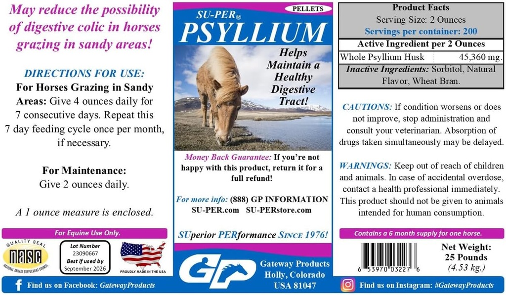 SU-PER Psyllium granulas Zirgu papildinājums - uztur veselīgu gremošanas trakts zirgiem - Atbalsts Smilšu un netīrumu noņemšana no zarnu trakta - 25 mārciņa, 6 mēnešu piegādes