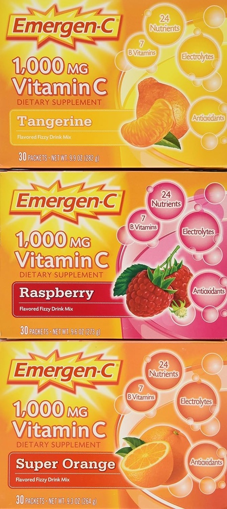 Emergen-C 1 000 mg C vitamīna uztura bagātinātājs Maisījums, Super Orange/Raspberry/Tropical, 90 Packets, Net Wt. 28,5 oz.