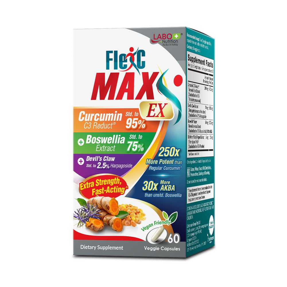 LABO Nutrition FlexC MAX EX kopā ar kurkumīnu C3 Redukt 95% Tetrahidrokurkuminoīdi, bioperīns, Boswellia ekstrakts un Velna likums, efektīva antioksidācija, locītavu un ķermeņa dezkomortu atvieglojums