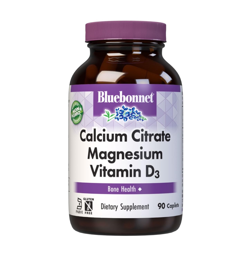 Bluebonnet Nutrition Kalcija citrāts Magnijs Plus vitamīns D3 Caplets, kaulu veselība un muskuļu relaksācija, neĢMO, glutēns, sojas un piena nesatur, košeris, baltais, 90 grādos