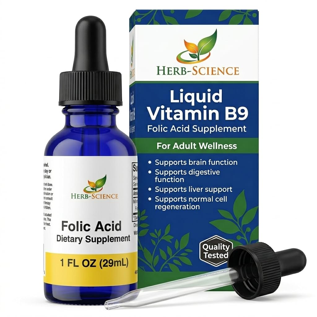 Šķidrs vitamīns B9 Folijskābes papildinājumi - VIT B pilieni smadzeņu un gremošanas funkcijas, aknu atbalsts - bez lipekļa, ne-GMO, vegans - uztura papildinājums pieaugušajiem - 1 fl. oz.
