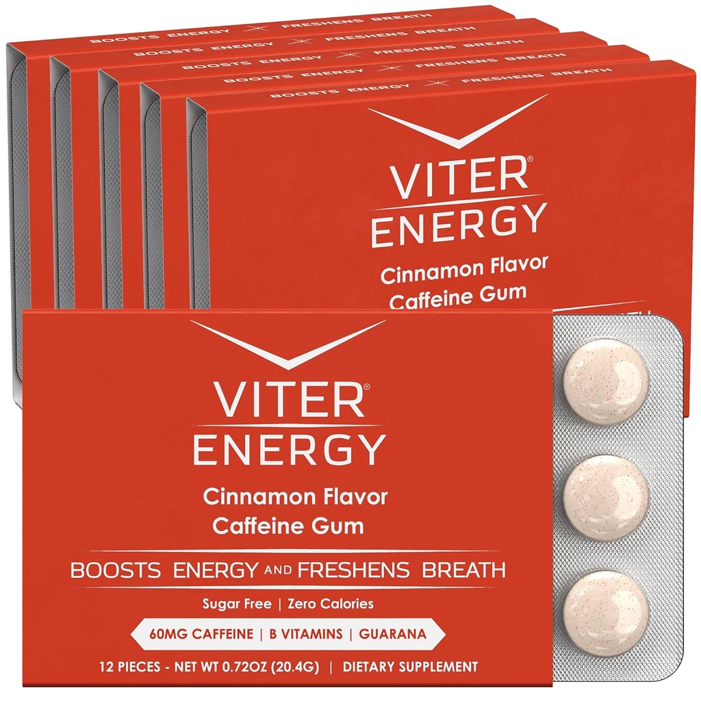 Caffeinated Gum 60mg Kofeīns, B Vitamīni, Guarana, bez cukura. (Kanēlis, 12 gab., 6 iepakojumi)
