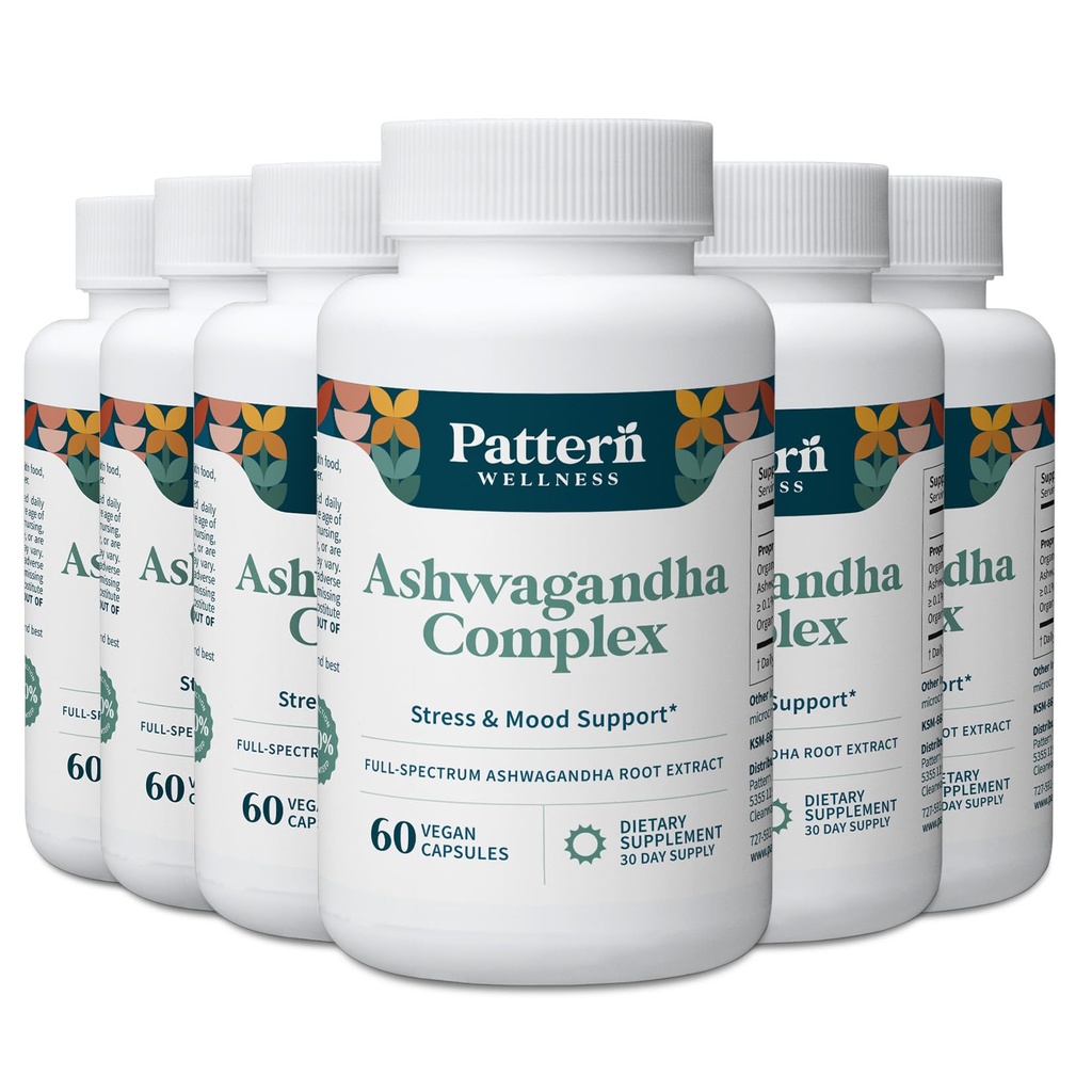 Pattern Wellness Ashwagandha Complex for Men & Women - KSM-66 & Black Pepper Extract - Viss ķermenis un sirds veselība - Atbalsts Stress un garastāvoklis - Ne-GMO - 360 Vegan kapsulas
