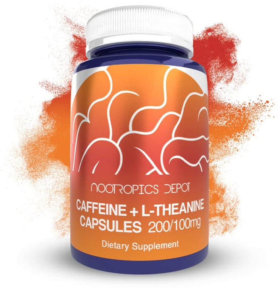 Nootrops Depot Kofeīna un L-Teanīna kapsulas - 60 Skaits -- Satur 200mg kofeīna un 100mg L-Teanīna -- Natural Papildinājums -- Enerģijas pastiprinātājs -- Psihiskie Focus + trauksmes