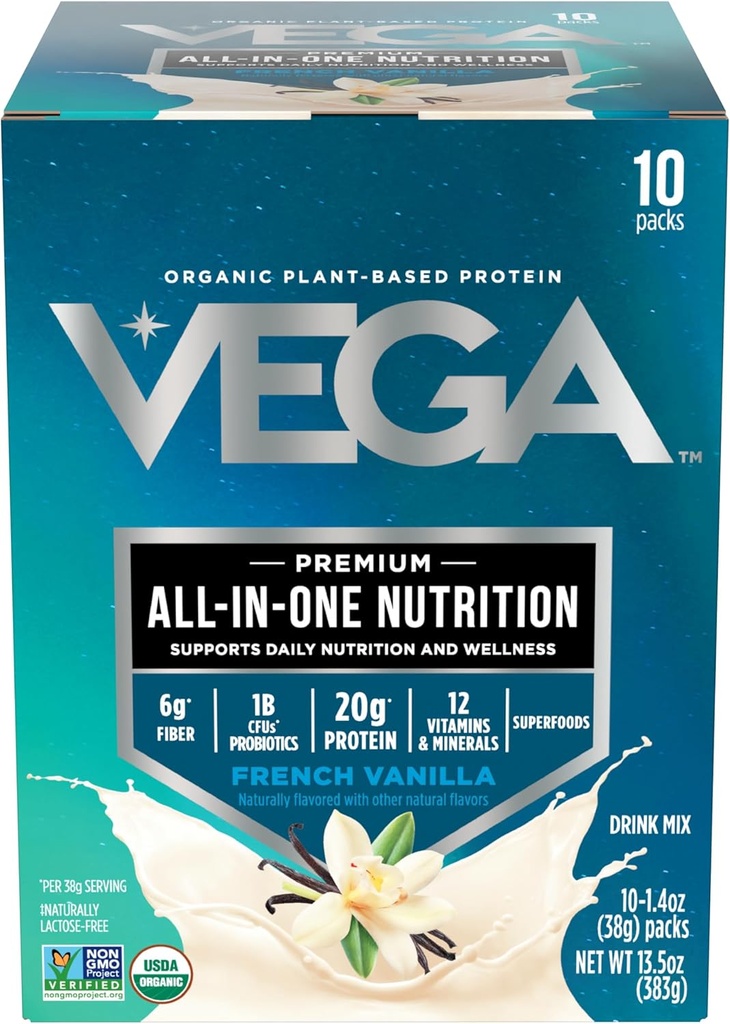 Vega Organic All-in-One Vegan Olbaltumvielu pulveris, Francijas Vanilla -Superfood Sastāvdaļas, Vitamīni Immunity Support, Keto Friendly, Pea Protein sievietēm un vīriešiem, 13.5 oz (iepakojums May Vary)