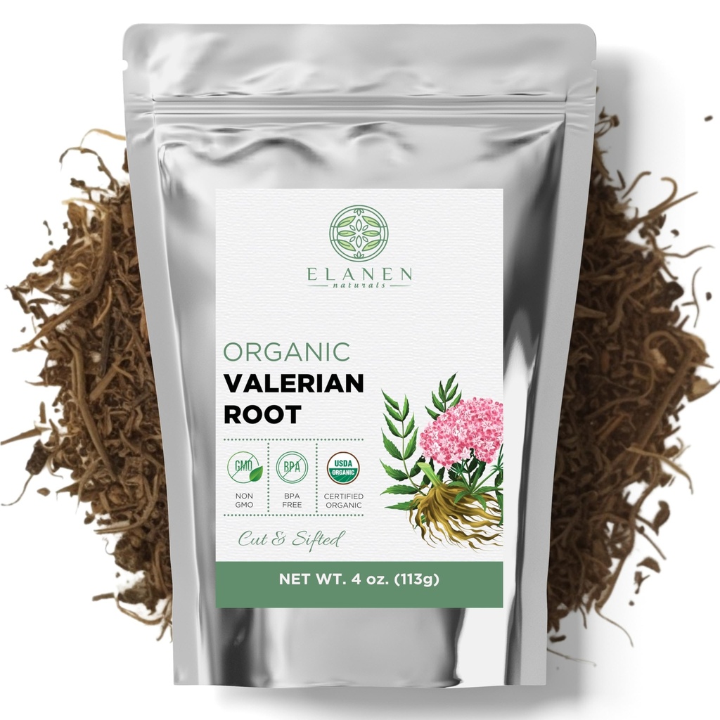 Elanen Naturals Organic Valerian Root 4 oz. (113g), USDA Certified Organic Valerian Root Herb Tea, Te De Valeriana Para Dormir, Valarian Officinalis Visa Loose Leaf, Cut & Sifted