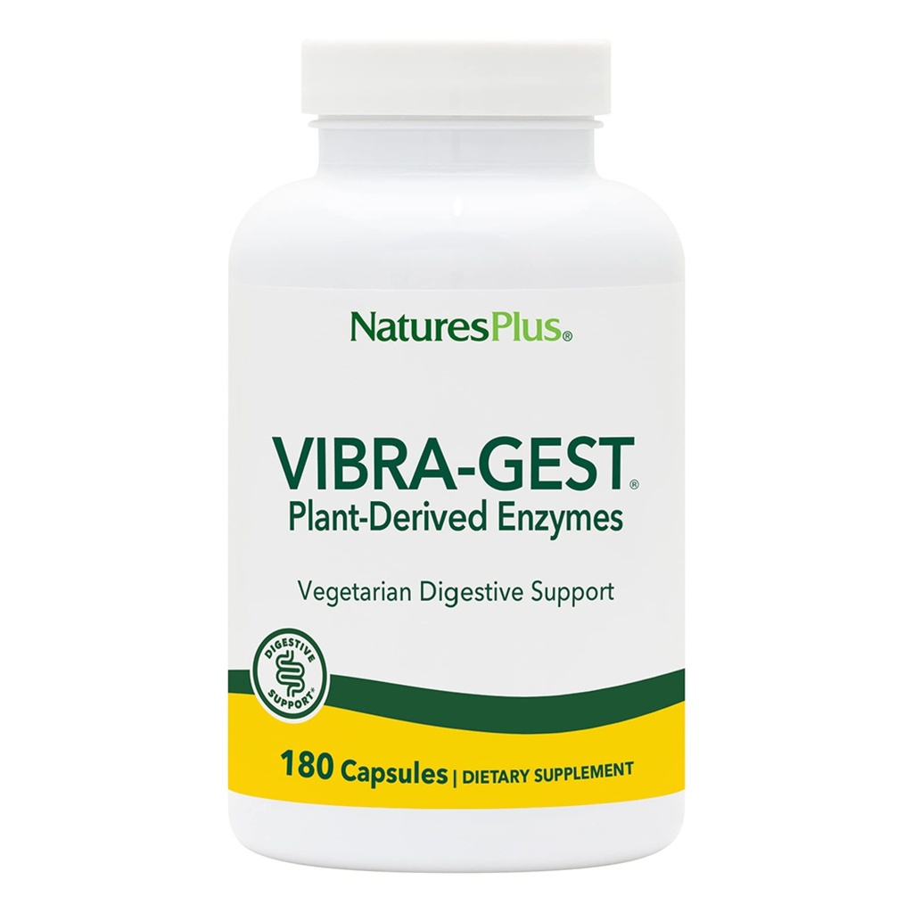 Natures Plus Vibra-Gest - 180 Kapsulas - Veģetārs Gremošanas Papildinājums ar probiotikām, Dzīviem augļiem un augu enzīmiem - Dabīgas dzīvās kultūras - 180 Kalpojumi