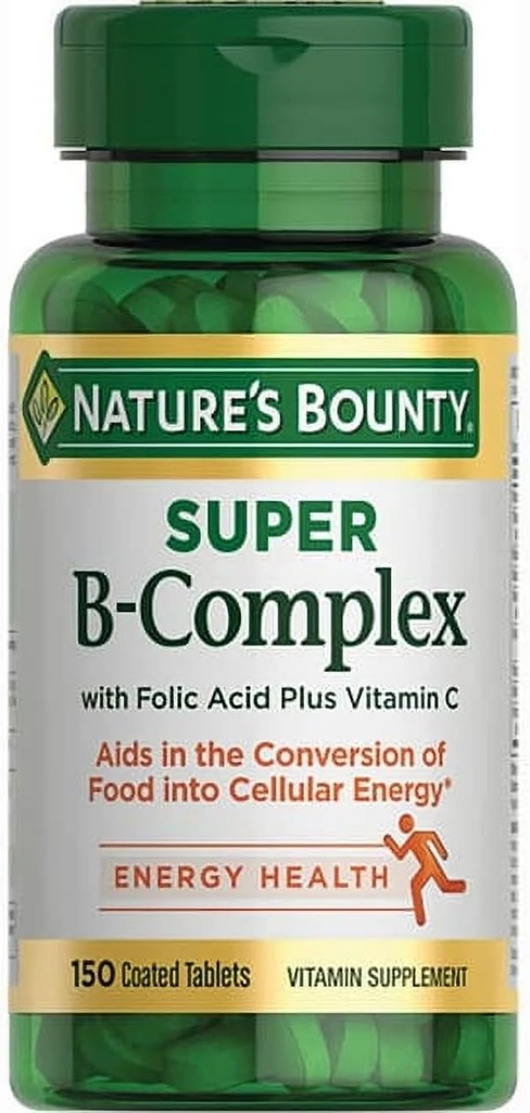 Dabas Bounty Super B-komplekss ar Folic Acid Plus C vitamīnu, 300 tabletes (2 X 150 Skaits pudeles)
