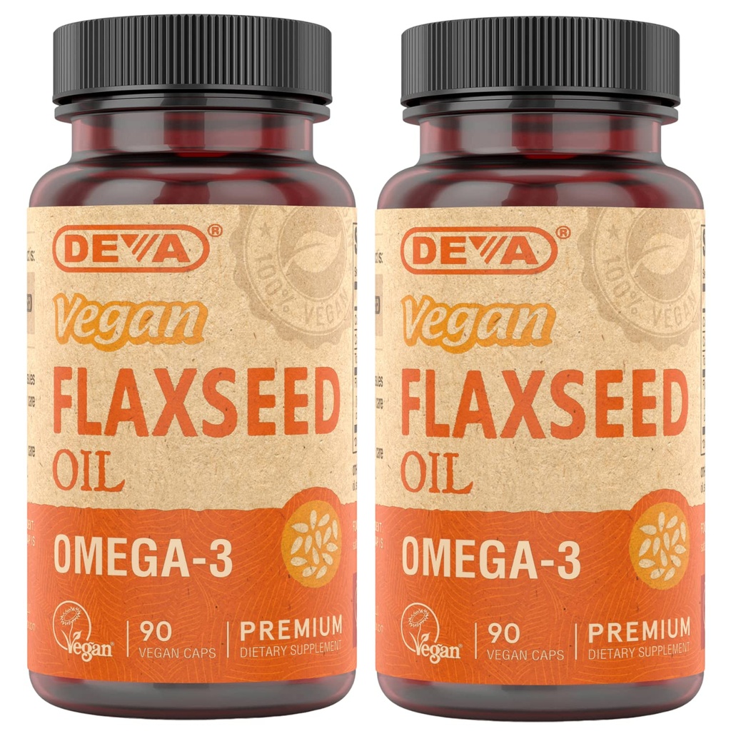 DEVA Organic Vegan Vitamīni Linu sēklu eļļa - bagāta ar Omega 3, aukstā presēta un nerafinēta - 90 kapsulas, 2-iepakojums