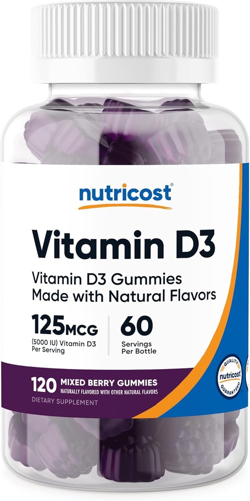 Nutricost vitamīns D3 Gumies 5 000 SV (125 mkg), 120 Gumijas - Jauktas odzes, 60 Kalpo