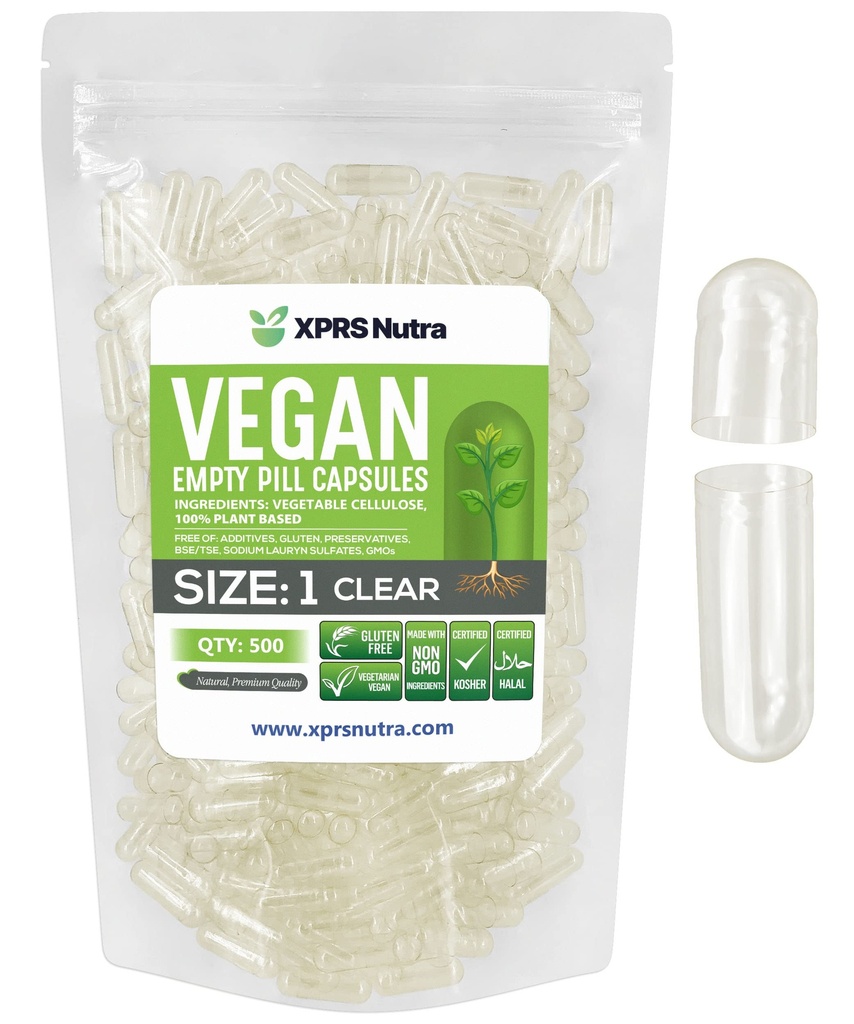 XPRS Nutra izmērs 1 Tukšas kapsulas - 500 Skaits Skaidras Tukšas Vegan Kapsulas - Veģetārs Tabletes - DIY Dārzeņu Kapsulas Pildījums - Veggie Pils Caps Do-T-T-T-T-T-T-T-T-T