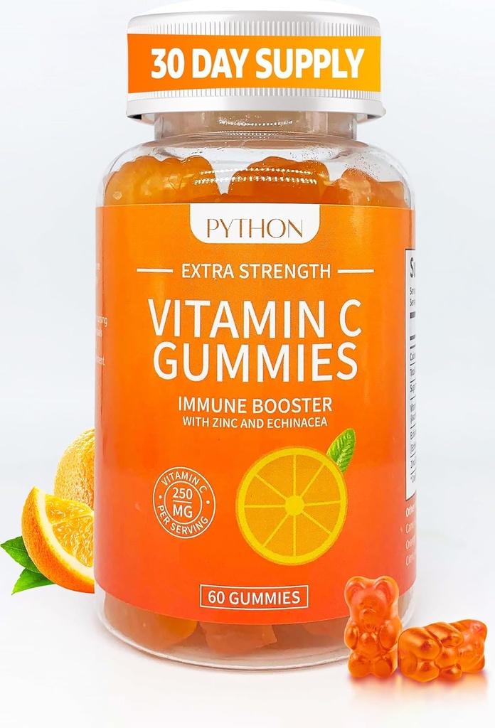 Python C vitamīns + Echinacea Papildinājums Imunity un plaušu veselībai, Atbalsta Kolagēna ražošana, Ādas hidratācija, Imunitāte un veselība, 60 Vegan Gummy Chews pieaugušajiem un bērniem - 1 mēnesis Piedāvājums