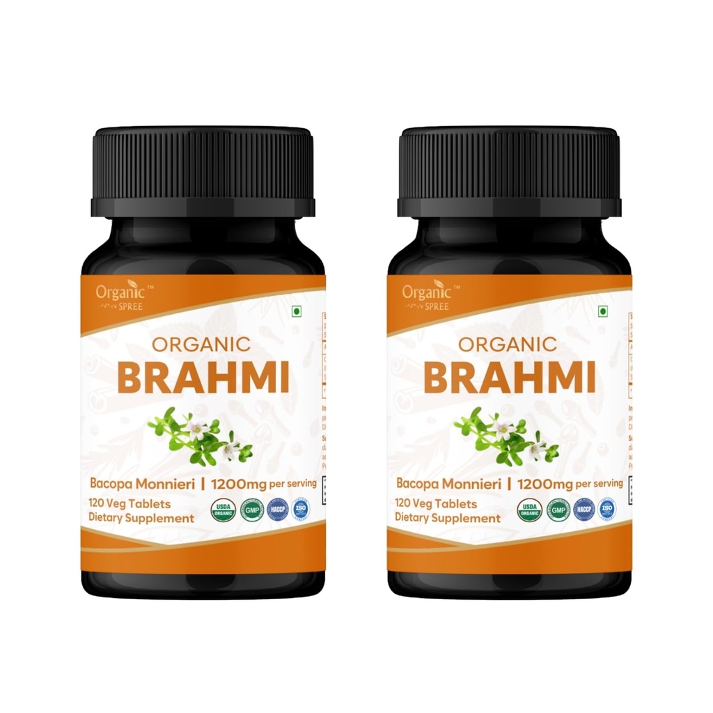 Brahmi 120 tabletes – USDA Organic Bacopa Monnieri papildinājums – Atbalsta Focus, Calm & Memory – Herbal Nootrop * – iepakojumā pa 2